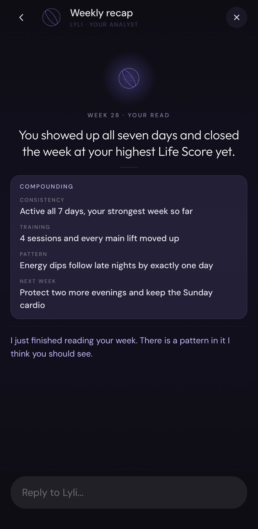 Lyli weekly recap — you showed up all seven days and closed the week at your highest Life Score yet