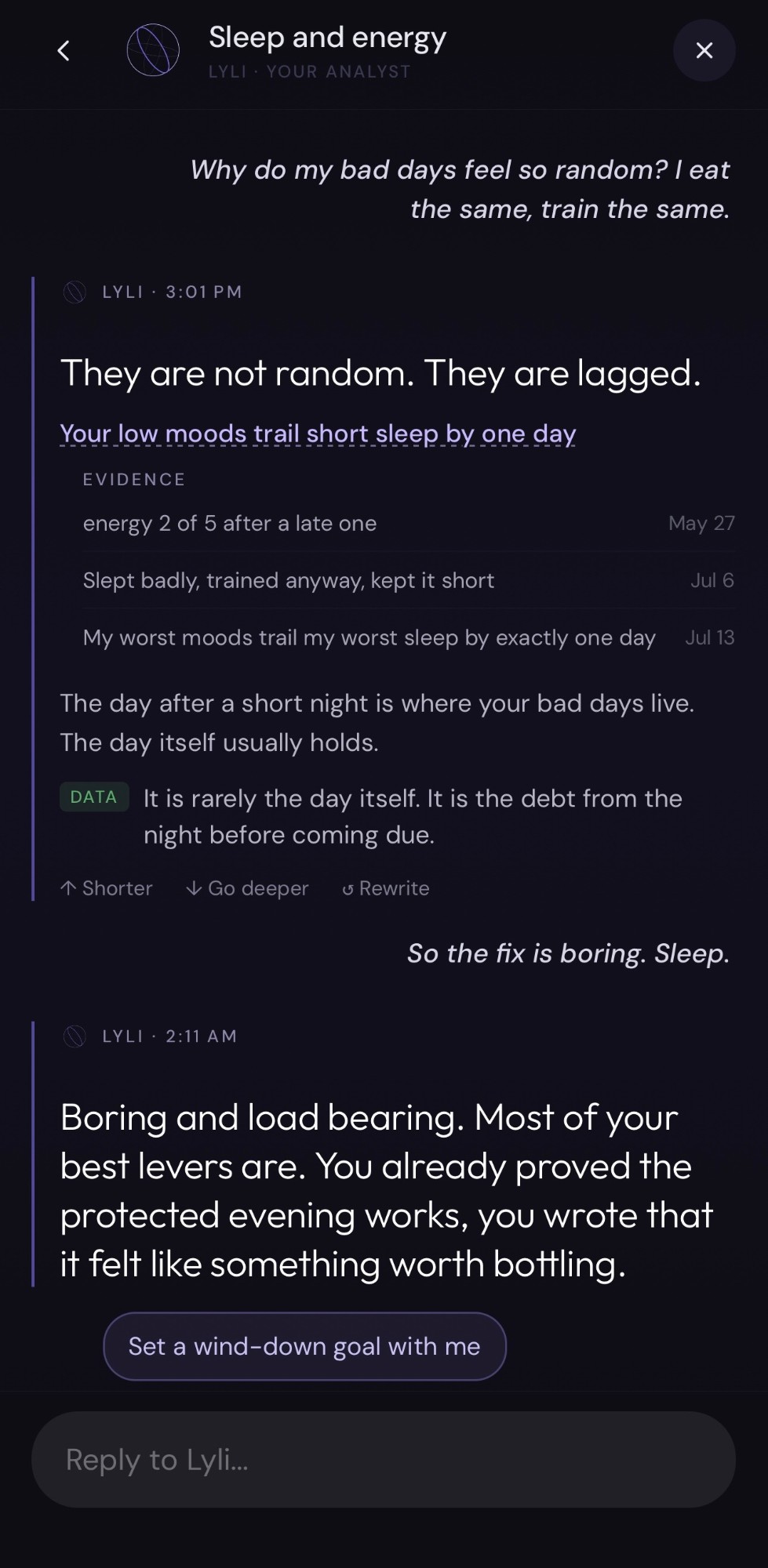 Lyli linking low moods to short sleep with a dated evidence timeline